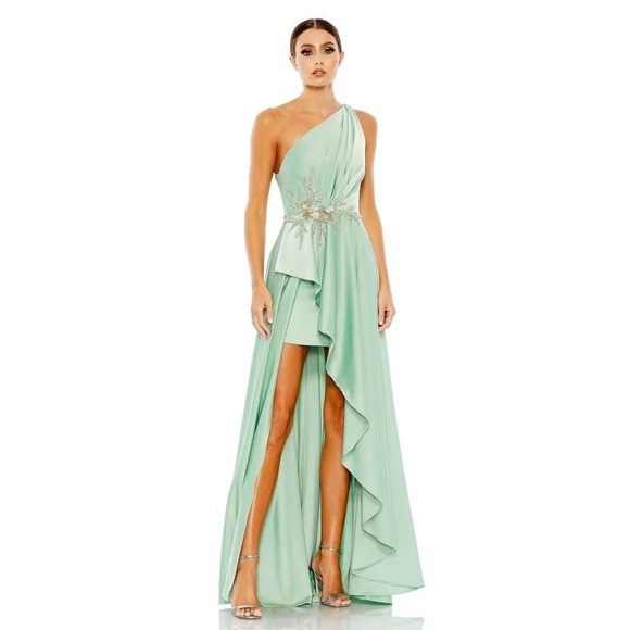 Mac Duggal Women's Sage High Low One Shoulder Prom Gown Size 10 NWT - Picture 1 of 13